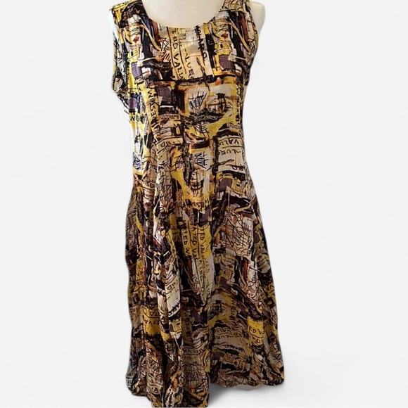LUUKAA 100% Linen Dress Abstract Art Ballon Bottom Pockets Sz 6 Made in Turkey - Picture 1 of 10